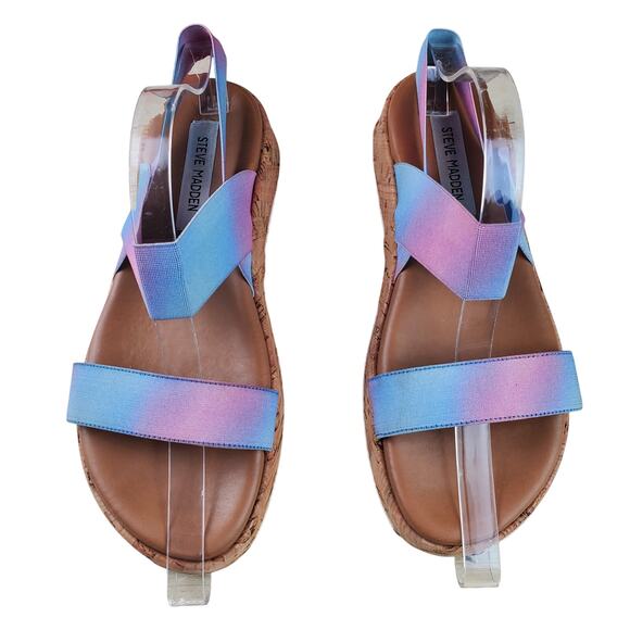 STEVE MADDEN | Elastic Strap | Blue/Pink | Cork Platform Gladi Sandals | Sz 8.5 - Picture 3 of 7